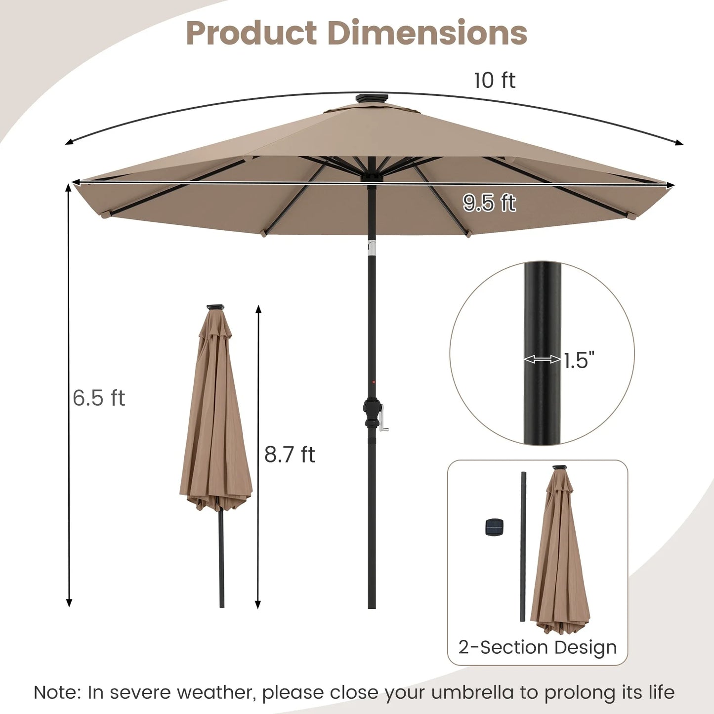 Parasol Coast avec éclairage LED à énergie solaire – Doté de neuf modes d'éclairage, d'un système d'inclinaison manuel et d'une poignée rotative pratique – Pour le jardin et la terrasse – Polyester beige et métal – 290 cm de largeur et 247 cm de hauteur