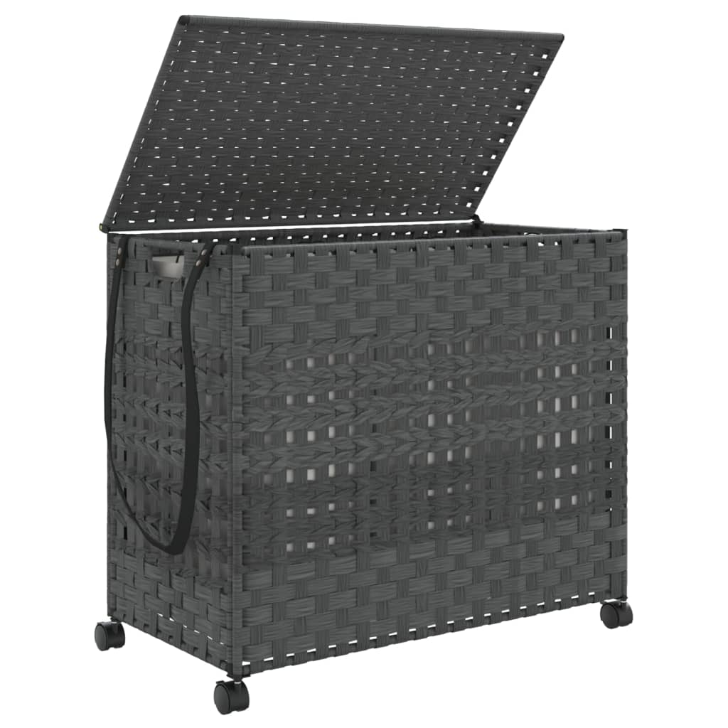 vidaXL Panier à linge à roulettes 66 x 35 x 60 cm - Rotin - Gris - 3 compartiments - Pliable