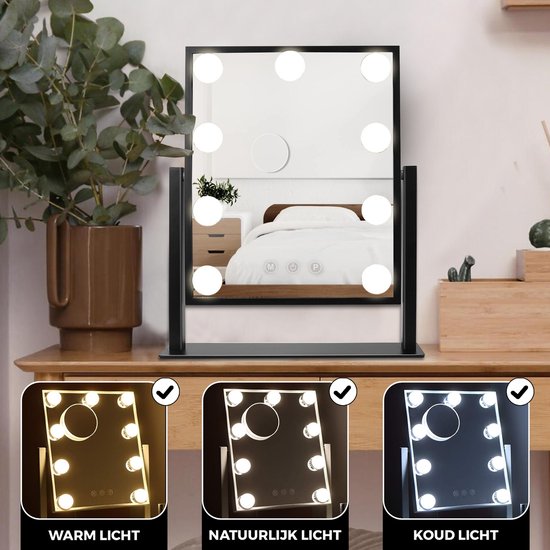 Bayt - Miroir avec éclairage - Miroir hollywoodien avec éclairage - Miroir de maquillage avec éclairage - Dimmable - Grossissement 10x - 36 x 30 cm - Noir