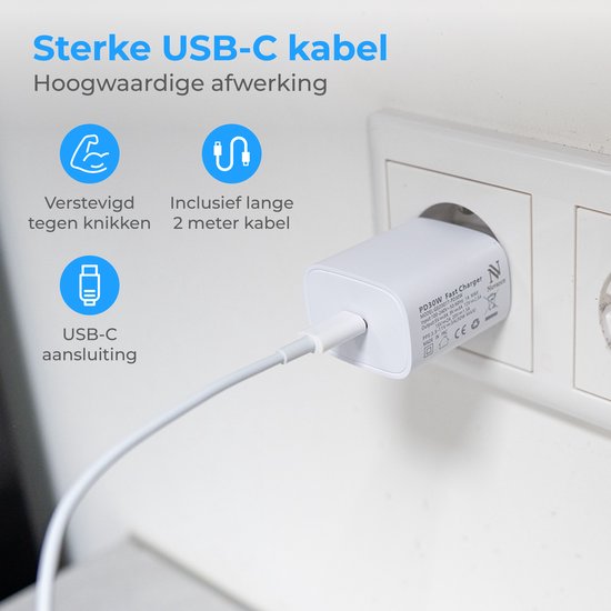Adaptateur USB-C Nuvance - Chargeur rapide 30 W - Avec câble de 2 m (60 W) - USB-C - Chargeur - USB-C vers USB-C - Câble de recharge - Blanc