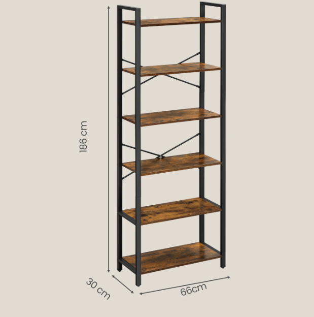 Bibliothèque Joyfurnos à 6 étagères - Style industriel - 30 x 66 x 186 cm - Gris-beige/Noir
