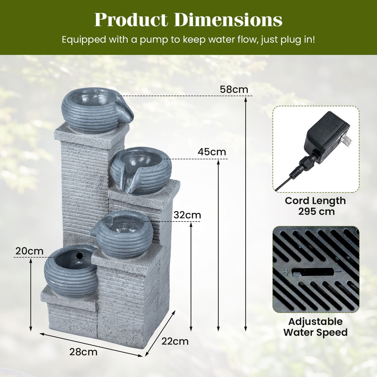 Fontaine de jardin Coast avec éclairage LED - Cascade à quatre niveaux - Résine synthétique et fibre de verre - Gris 28 x 22 x 58 cm