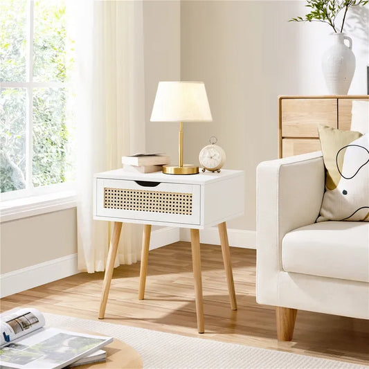 Table de chevet Yaheetech 48,5 x 40 x 57,5 cm - Aspect rotin - 1 tiroir - Blanc
