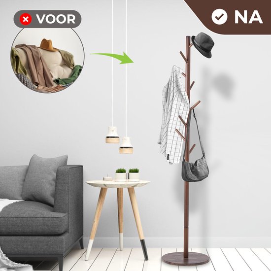 Bayt Porte-manteau - Porte-manteau sur pied - Porte-manteau en bois - Porte-manteau - 8 crochets - 175 cm - Marron