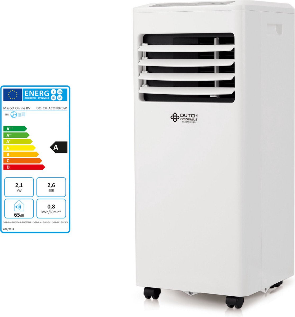 Dutch Orginials - Smart Air Conditioner - 7000 BTU - Airco on Wheels - 3 fonctions - 30 m² - Télécommande incluse - Blanc