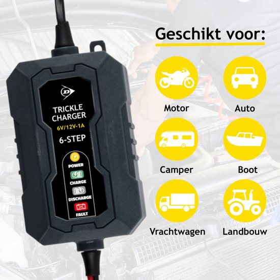 Chargeur à goutte-à-goutte Dunlop 6/12 V 1 A – Chargeur de voiture avec cycle de charge en 6 étapes – pour scooters et motos – Protection contre les courts-circuits – Chargeur d'entretien pour batteries au plomb et au gel – Noir