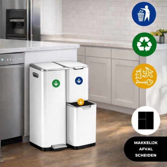 Bayt Poubelle - Poubelle 60 litres - Poubelle 60 litres - Poubelle à pédale 60 litres - Poubelle tri sélectif - Poubelle 3 compartiments - Poubelle - inox - Blanc