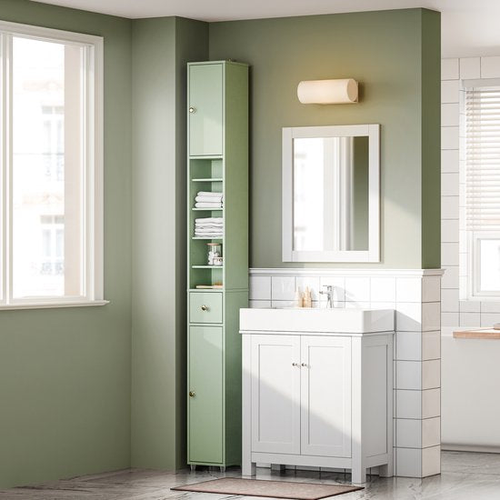 SoBuy Armoires de salle de bain hautes - Armoire de rangement avec étagères réglables et tiroir - Armoire colonne salle de bain - 20x180x20cm, Light Green, BZR34-II-GR - pour salle de bain, salon, chambre à coucher