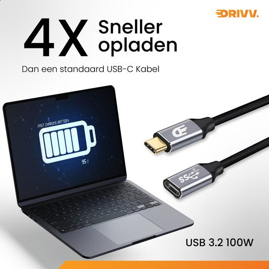 Drivv. Câble d'extension USB C 3.2 - mâle vers femelle - Charge rapide - Câble de données et de charge USB C - 2 mètres - Convient à Samsung, iPhone 15 et autres - Gris