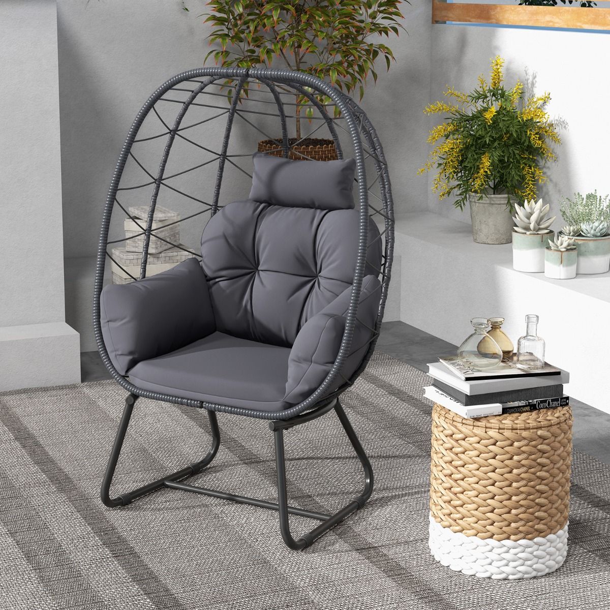 Fauteuil de détente Coast Rotan - forme ovale surdimensionnée - coussin amovible - gris