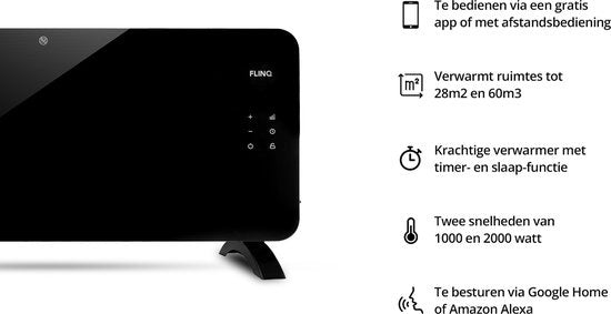 FlinQ Smart Panel Heater with WiFi - Chauffage électrique - Panneau chauffant - Chauffage électrique - Convecteur - Chauffage portable - 2000W - Noir