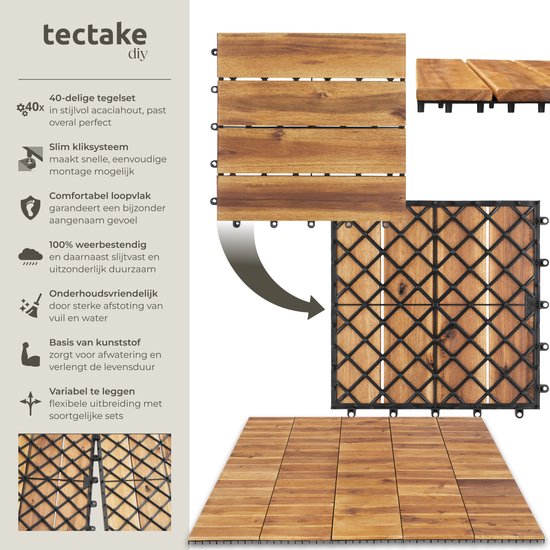 tectake® - Dalles de jardin en bois - Résistant aux intempéries - Revêtement de sol pour balcon - Dalles de sol - Sol de balcon - Dalles de terrasse avec système d'encliquetage - Drainage - lot de 40