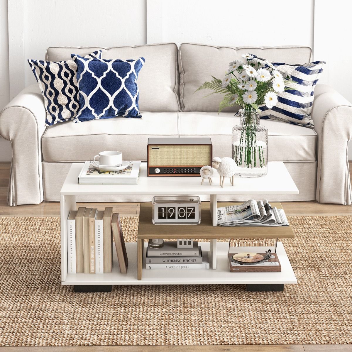 Coast - Table basse de rangement - Rectangulaire, Géométrique, 3 niveaux, Max. 50 kg - 90 x 50 x 42 cm - Bois stratifié - Naturel/Blanc rustique