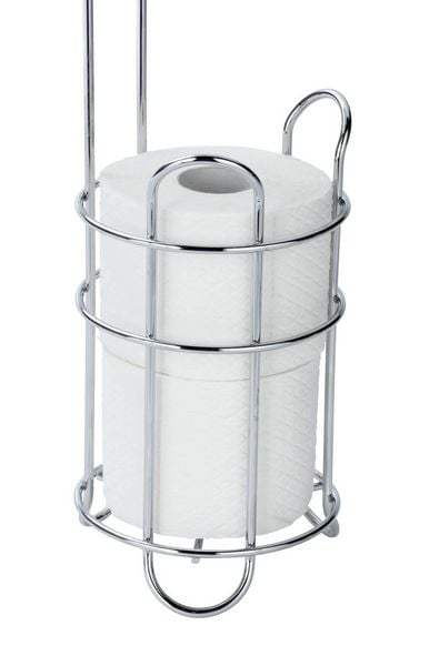 Porte-rouleau de papier toilette sur pied, chromé - Avec tablette et support pour rouleau de rechange
