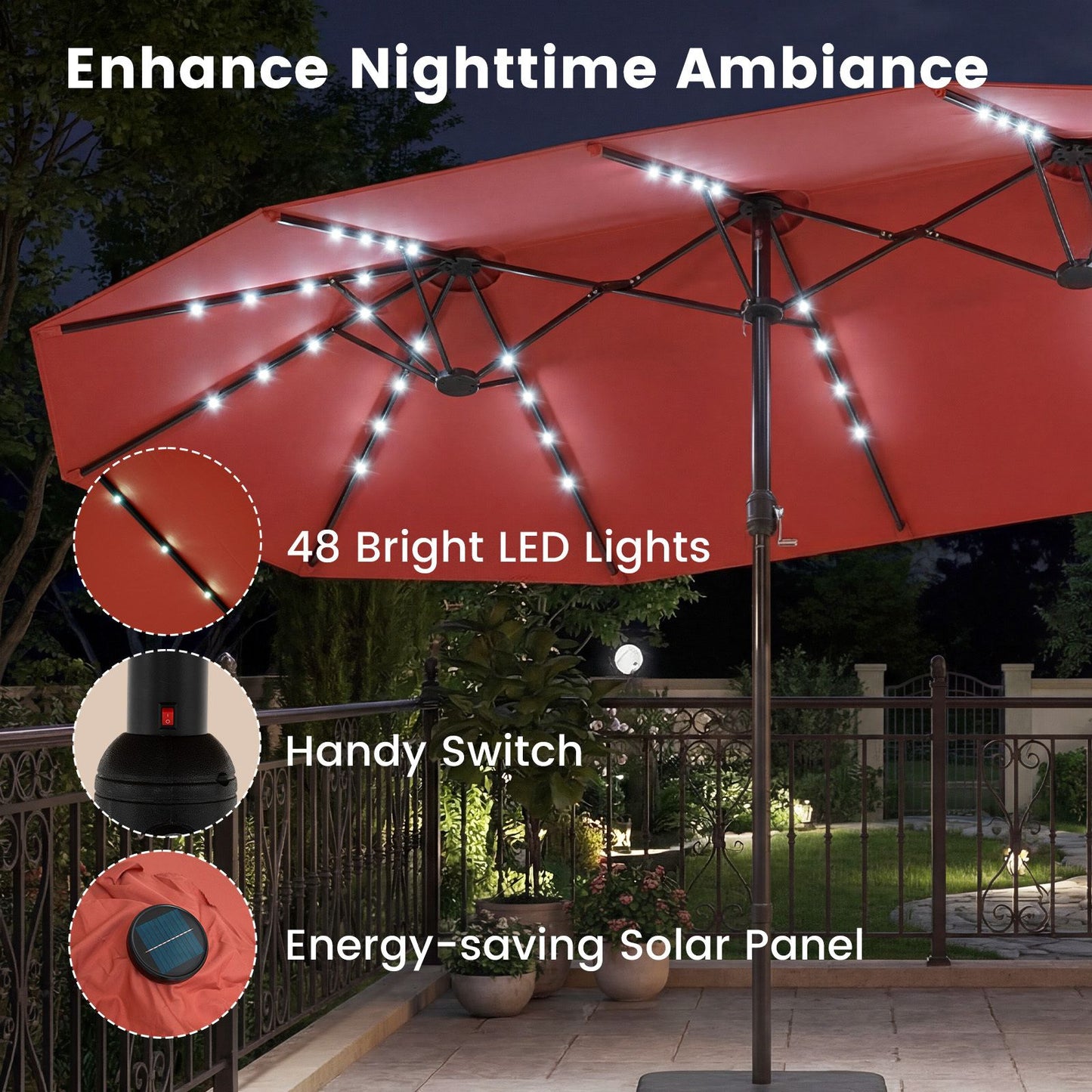 Coast 460 x 285 cm – Parasol de jardin double orange avec 48 LED à énergie solaire – Parasol extra-large avec panneau solaire à recharge automatique