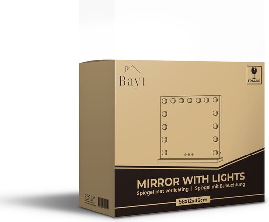 Bayt Hollywood Mirror with Lighting - Miroir de maquillage avec éclairage - Miroir avec éclairage - Dimmable - Grossissement 10x - 58x46cm - Blanc