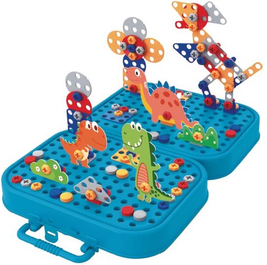 Eddy Toys : kit de construction avec boîte de montage et perceuse jouet incluse - Jouet de construction comprenant 298 pièces - Jouet dinosaure - Jouet Montessori : mosaïque à encastrer - Jouet éducatif
