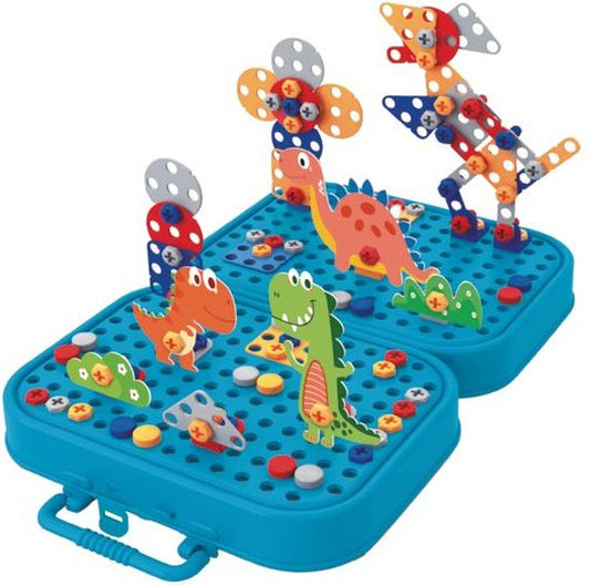 Eddy Toys : kit de construction avec boîte de montage et perceuse jouet incluse - Jouet de construction comprenant 298 pièces - Jouet dinosaure - Jouet Montessori : mosaïque à encastrer - Jouet éducatif