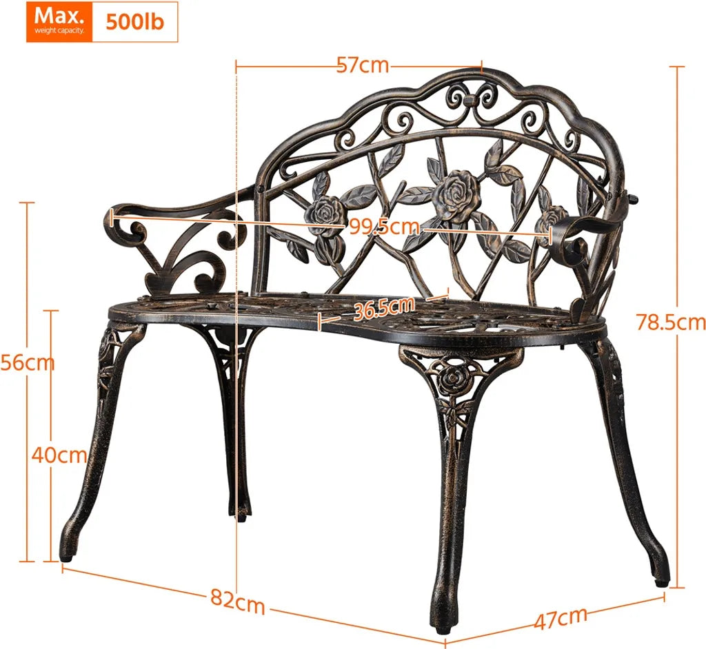 Banc de jardin Yaheetech 99,5 x 57 x 78,5 cm - Bronze - Banc de jardin vintage en métal avec motif de roses