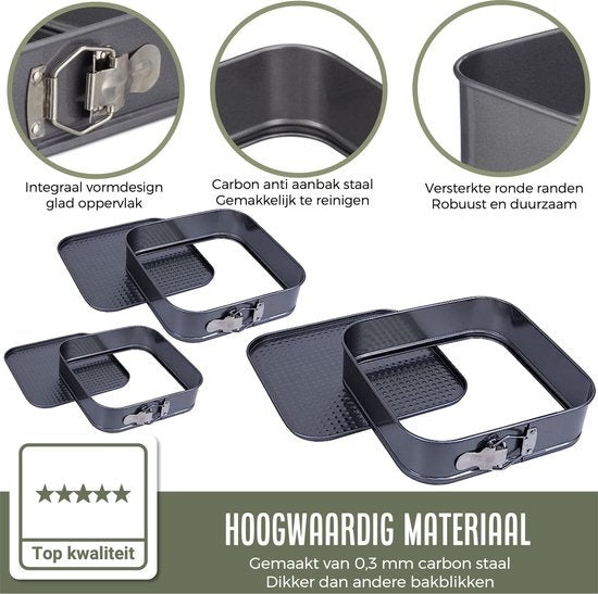 COOCK 3-Piece Baking Tray Set Square- Springform - Cake Tray Rectangle with Non-stick Coating - 24 to 28 Cm Diameter -Cake Pan Incl. Dough Scraper & E-Book