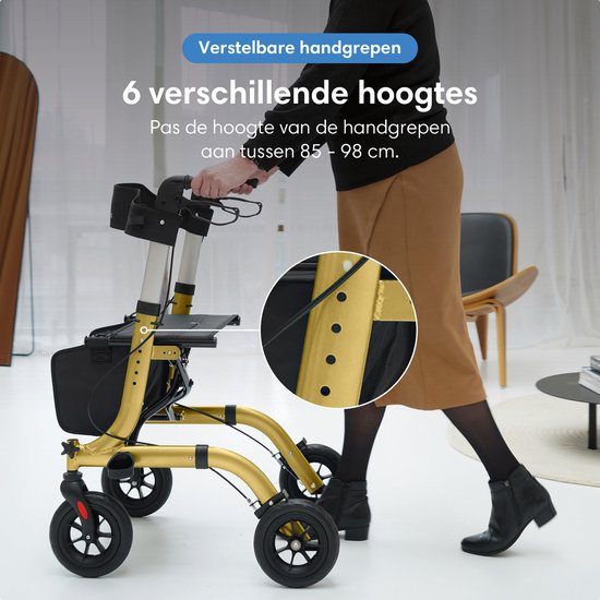Safe Life® Rollator léger et pliable - fonction assise - intérieur et extérieur - dossier et support pour canne - Or