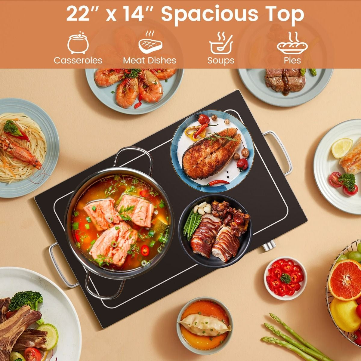 Chauffe plat électrique - Coast - 56 x 36 cm - Plaque chauffante électrique de 50 °C à 120 °C - Acier inoxydable