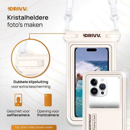 Drivv. Étui de protection étanche de luxe pour téléphone – Flottant – Double fermeture à clip – Téléphones jusqu'à 6,8 pouces – Étui de protection sous-marin pour téléphone – Beige