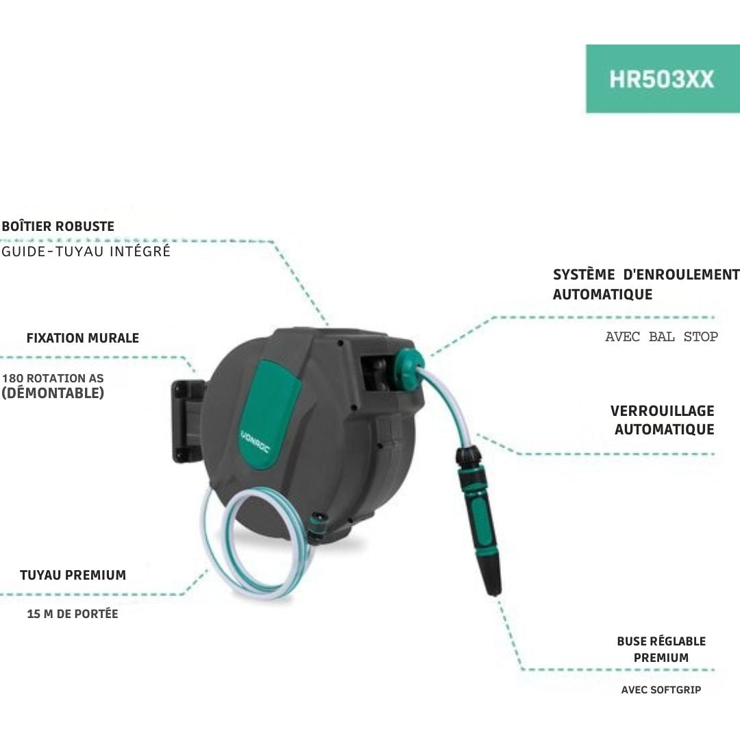 Enrouleur de tuyau automatique - VONROC – Incl. Tuyau d'arrosage de 15 m, tuyau de raccordement, buse, raccords et raccord de robinet - noir vert