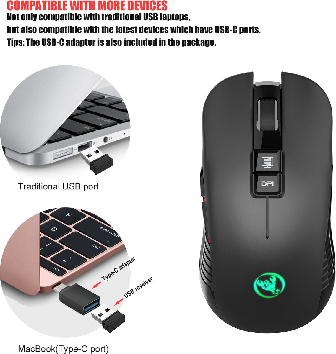 HXSJ T30 2.4G USB-C Wireless Gaming Mouse - Souris rechargeable - Souris silencieuse - pour Macbook / Laptop / PC - Souris de jeu