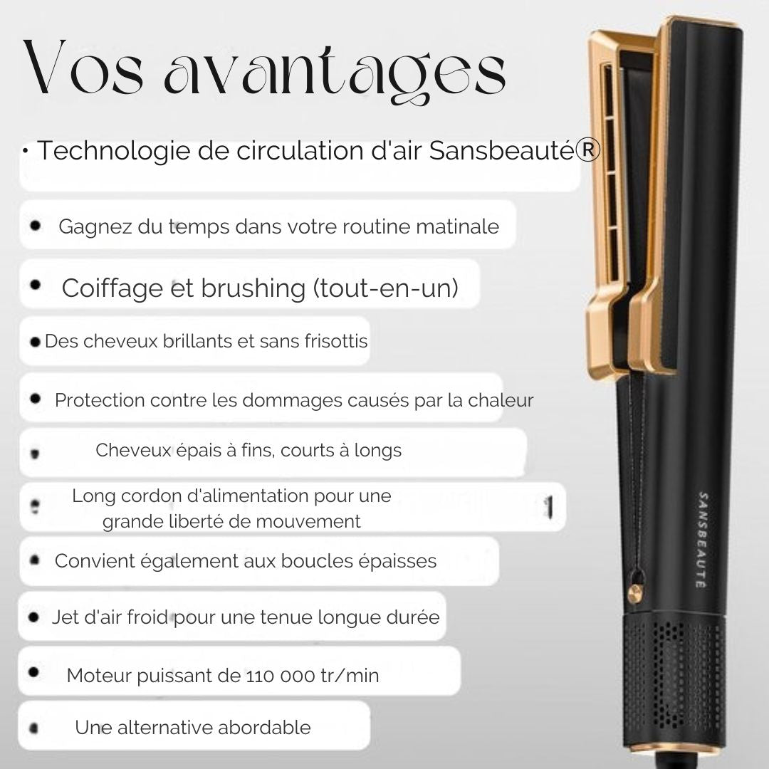 Lisseur Sansbeauté® - 2 en 1 - Sèche-cheveux et lisseur - Jet d'air froid - 80 °C à 140 °C - Lisseur à vapeur alternatif - Noir