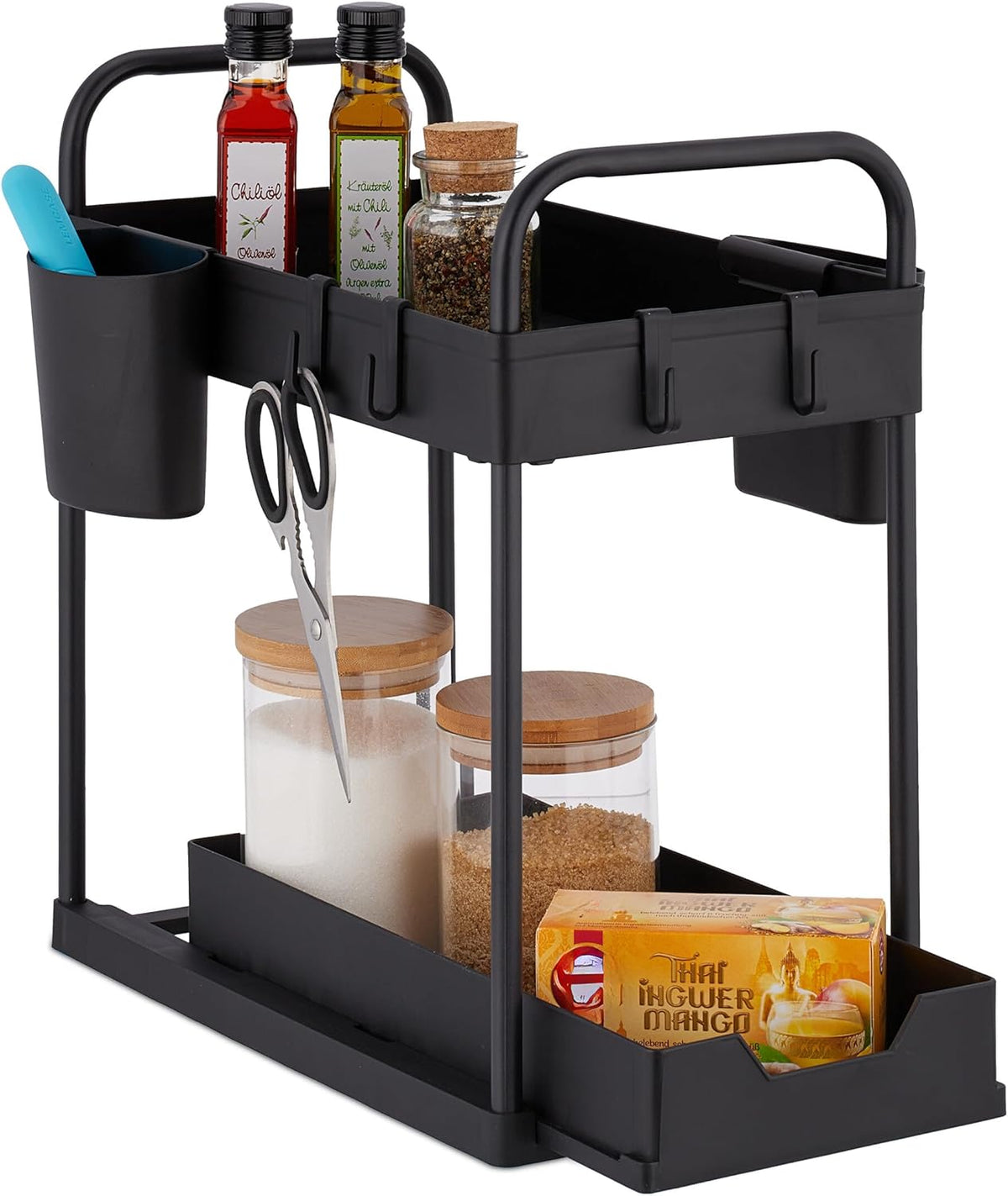 HELDENWERK Etagère d'évier pour meuble bas d'évier, réglable en hauteur sur 2 niveaux en noir, rangement de cuisine, meuble bas, étagère à épices, rangement de meuble bas d'évier