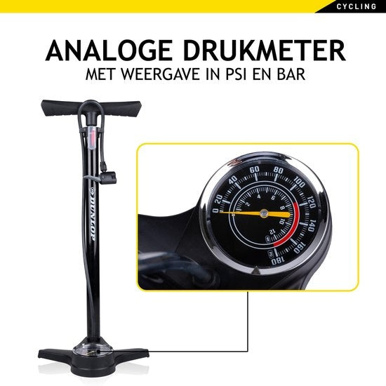 Pompe à vélo Dunlop avec manomètre - Double valve - Dutch Valve/ French Valve/ Auto Valve