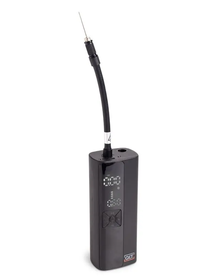 Compresseur d'air sans fil QLT – Rechargeable par USB – Écran LCD avec éclairage LED – Noir – 5,5 x 4,5 x 19,8 cm