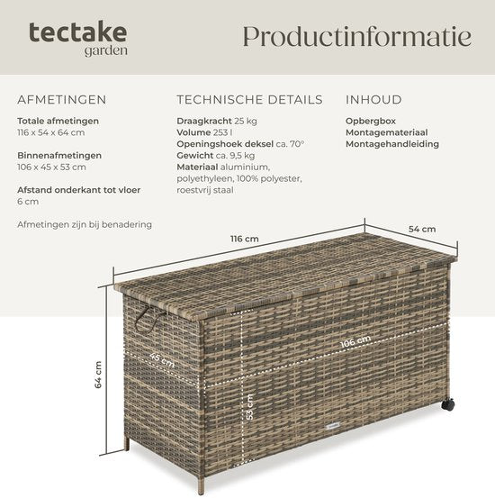 Boîte de rangement en osier tectake® - 253 L - Boîte à coussins d'extérieur - Coffre de jardin - 116 x 54 x 64 cm - Résistant aux intempéries et verrouillable avec couvercle - Mobile - Comprend 2 poignées, 2 roues avec frein et ressorts à gaz - Coffre de