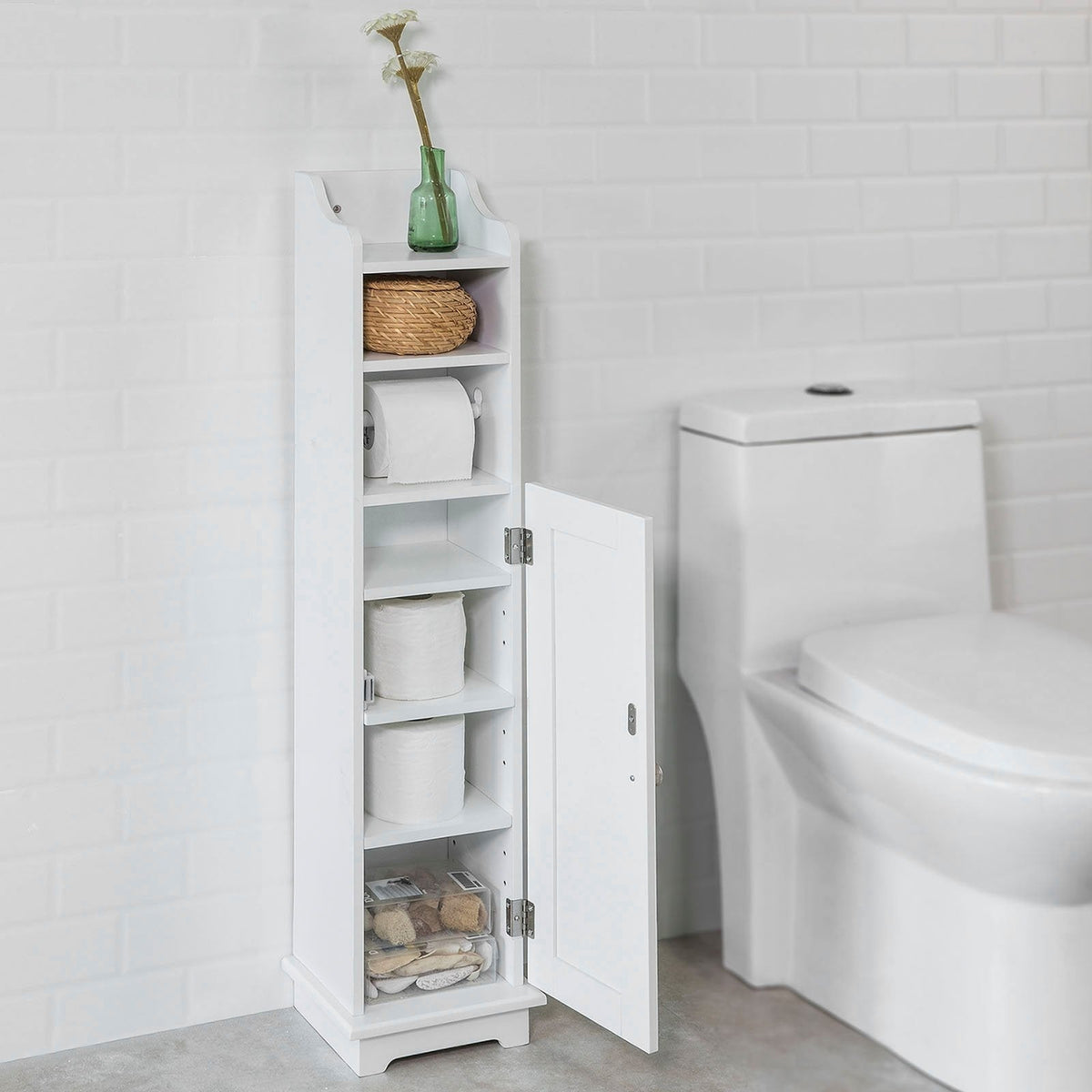 SoBuy Meuble de toilette avec porte-rouleau - Blanc - 20x100x18 cm