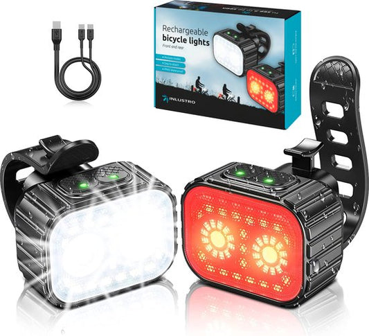 Inlustro Bicycle Light Set - Front/Back Light - LED Bicycle Lights Red and White - Bicycle Light Headlight - Waterproof - USB Rechargeable