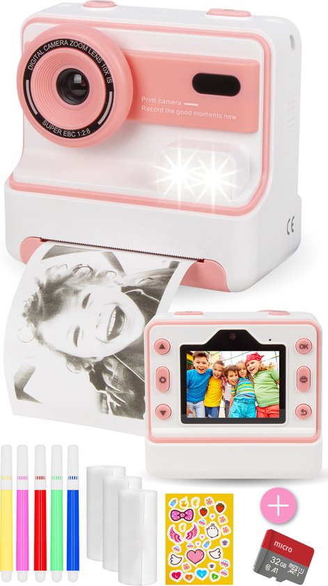 Nuvance - Caméra pour enfants - Caméra jouet pour enfants - avec carte SD de 32 Go - Photo et vidéo - Imprimante photo - Caméra numérique pour enfants - Caméras pour enfants - Rose