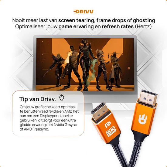 Drivv. Câble Displayport - 8K 60Hz - 4K 144 Hz - 32.4GBps - Displayport 1.4 - Câble DP - 3 mètres