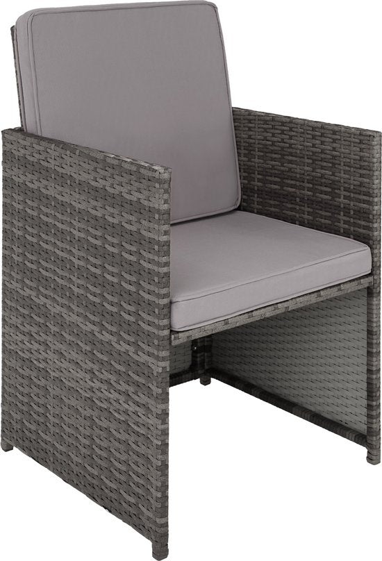 tectake® - ensemble de sièges en osier, salon de jardin 5 pièces avec table, fauteuil et tabouret, ensemble de salle à manger pour 4 personnes, meubles de jardin et de balcon avec coussins - gris - poly-rattan