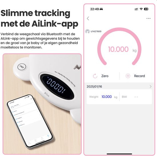 Pèse-bébé - avec plateforme de pesée - Balance numérique - avec fonction tare et application - 50g à 200KG - Blanc - par Faas
