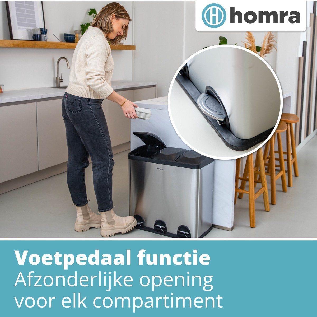 Poubelle 3 compartiments - Homra MAXER - Poubelle 60 litres (3x 20L) - acier inoxydable - Argenté