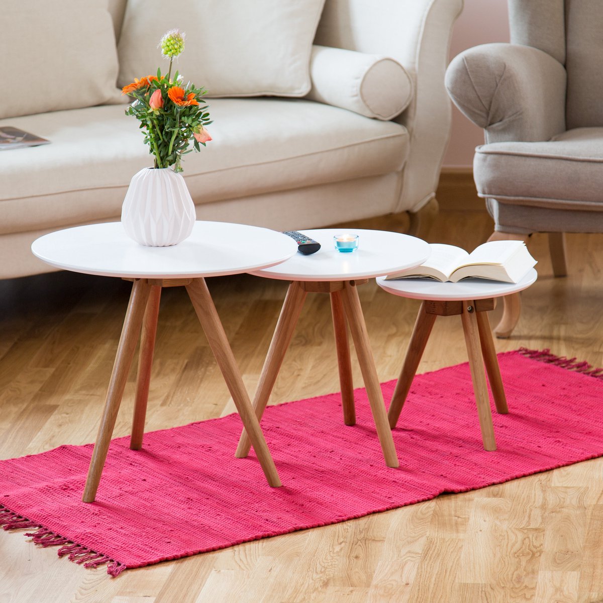 Ensemble de 3 tables d'appoint WOLTU Blanc/Noyer - 50, 40 et 32 cm - Rondes - Emboîtables
