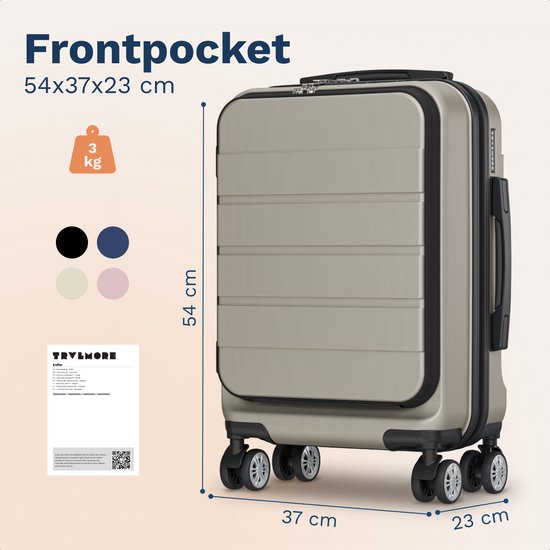 Valise TRVLMORE - 54 x 37 x 23 cm - Avec poche avant - 44 L - Cadenas TSA - 4 roulettes - Couleur champagne