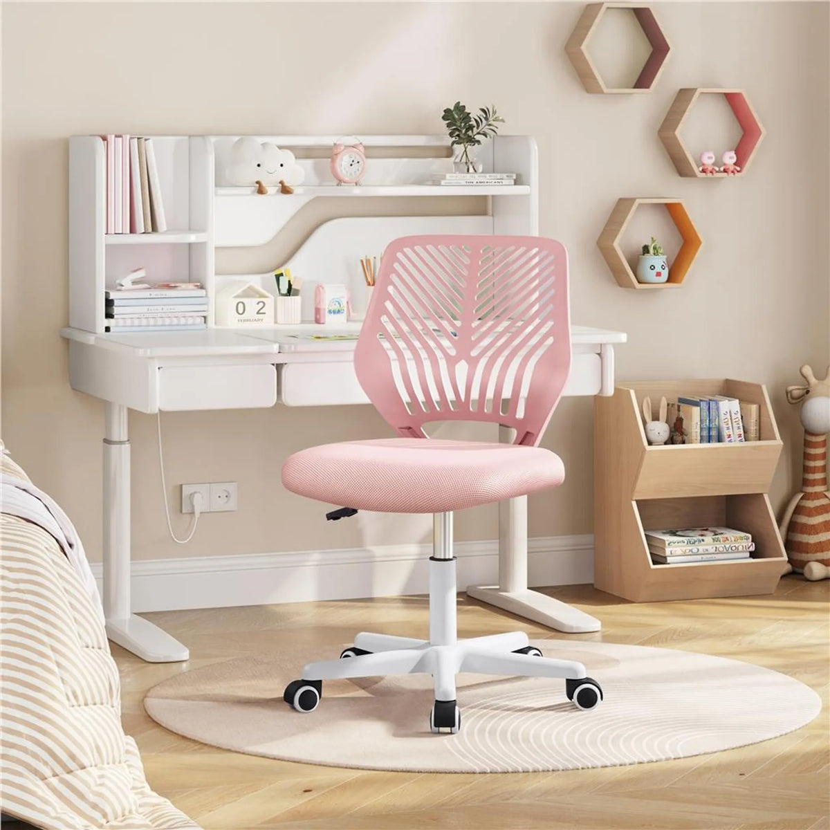 Chaise de bureau sans accoudoirs, réglable en hauteur et pivotante à 360°, rose pâle