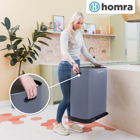 Homra Rockx Pedal Bin 60 Litres - Duo Trash Bin 2X30L with Odour Filter - Stainless steel Waste Separation Trash Bin 2 Compartments - Recycle Trash Bin - Garbage Bin Kitchen Waste Separation - Waste Bin - Double Trash Bin Grey