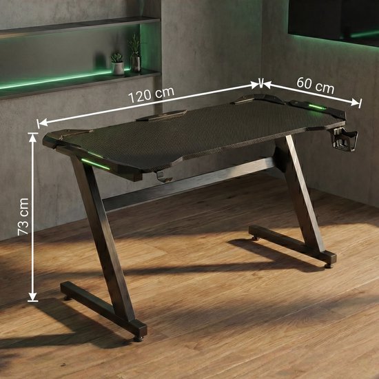Bayt Game Desk - Bureau de jeu - Bureau de jeu avec LED - Table d'ordinateur - 120 x 60 x 75 cm - Noir