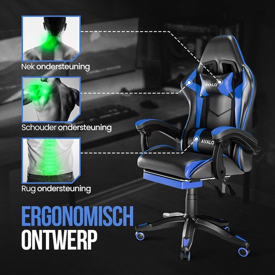 Avalo Gaming Chair - Chaise de jeu - Chaise de bureau ergonomique réglable - Chaise de jeu - Chaise de jeu - Noir/Bleu