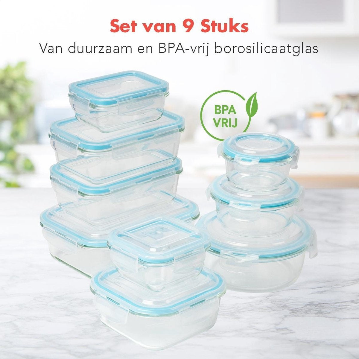 KitchenBrothers Meal Prep Trays - Ensemble de plateaux fraîcheur - hermétique - sans BPA - en verre - 9 pièces