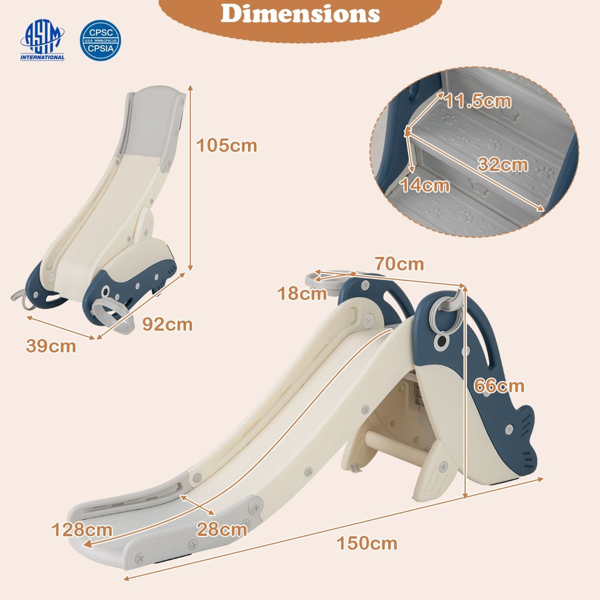 Toboggan pour enfants Coast avec panier de basket et jeu de lancer d'anneaux - Ensemble de jeu pliable - Motif baleine - Bleu