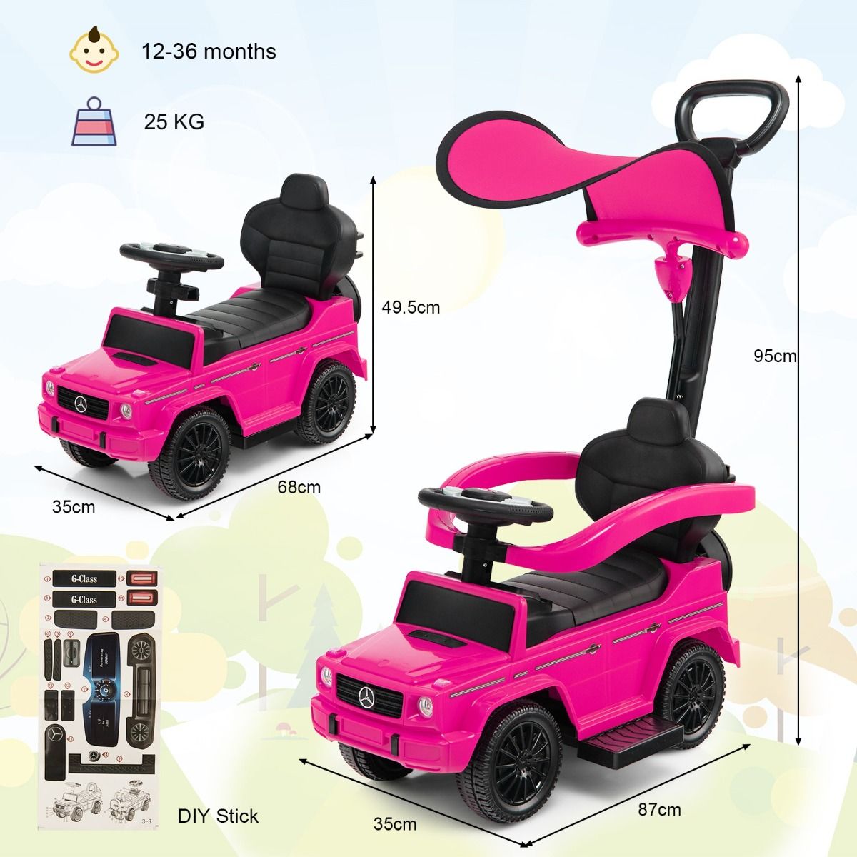 Voiture à pédales Coast Mercedes Benz pour enfants - poussette et déambulateur 3-en-1 - pare-soleil réglable - rose